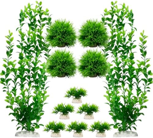Artificial Aquarium Plants Set, Extra Large 21‑Inch Tall Plants(2 Pcs), with Medium & Small Ornaments, 12 Pcs Plastic Fish Tank Decor for Freshwater Saltwater Aquarium