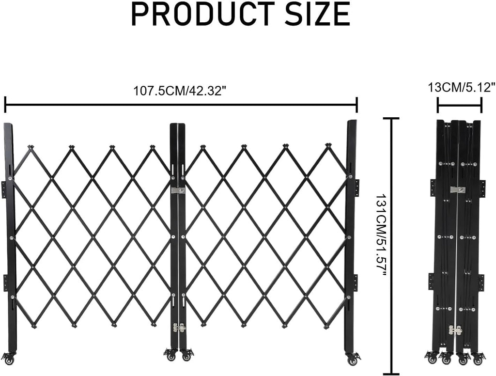 Takywep Heavy-Duty Double Folding Security Gate - Expandable Lockable Steel Scissor Door - 360° Swivel Casters - Portable Rolling Barrier for Outdoor, Garden, Pool, Courtyard, Garage - Black - 51.57"H