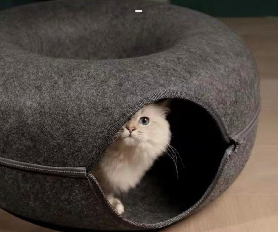 Grey Cat Tunnel & Donut Bed Cave for Indoor Cats – Large Felt Cat Toys Interactive Hideaway, No-Collapse, Scratch-Resistant, Washable Cat House, Cat Enrichment, Bored Indoor Cats & Kittens Gift Toy