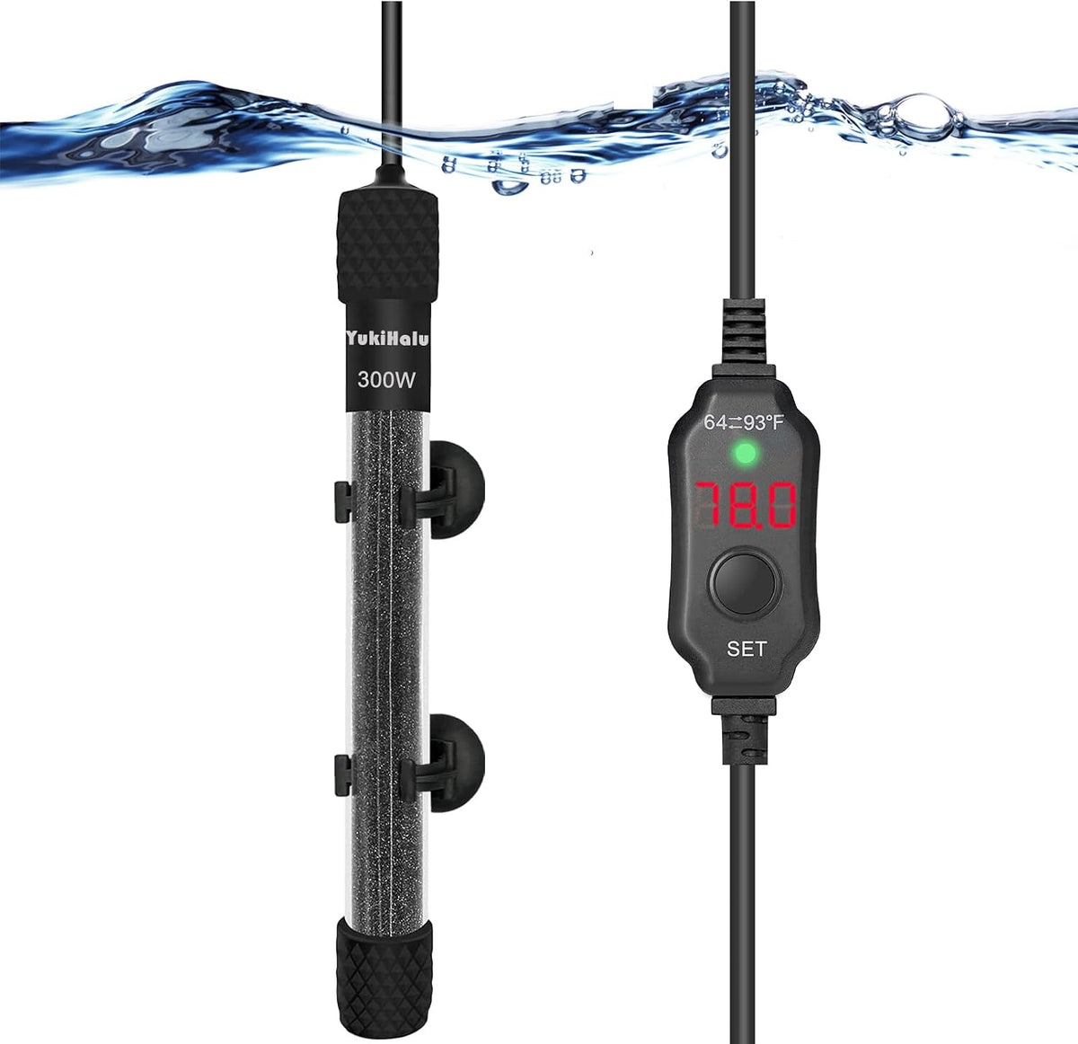 YukiHalu Small Submersible Aquarium Heater, Adjustable Mini Fish Tank Heater 25W 50W 100W 200W 300W with External Temperature Controller, LED Display, Used for 5/10/20/40/60 Gallons (50 Watts)