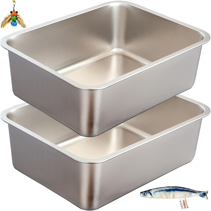 2-Pack Stainless Steel Cat Litter Boxes, Includes Catnip Fish Toy & Wand by miwooim