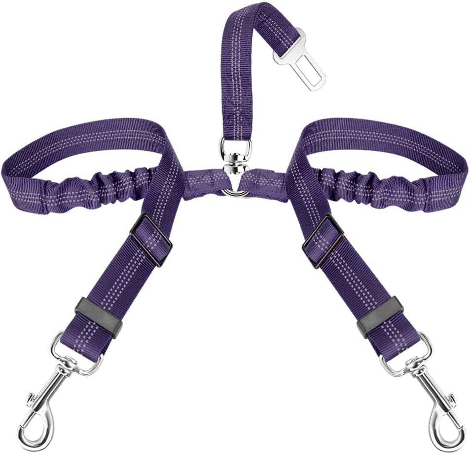 SlowTon Double Dog Seat Belt for Car with Elastic Bungee Buffer, Adjustable
