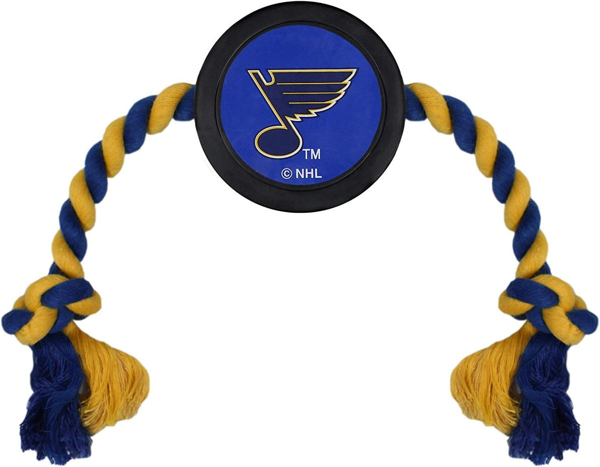First Dog Rubber & Rope Tug Toy. St. Louis Blues NHL Puck Toy for Dogs & Cats. Play Hockey with Your Pet!