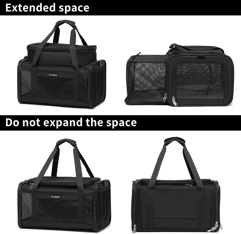 Airline Approved Pet Carrier for Cats and Small Dogs up to 15 lbs, Breathable Mesh, Portable Travel Bag for Bearded Dragon, Puppies Animal Hangbag, Rabbit Cage (Black, Expandable)