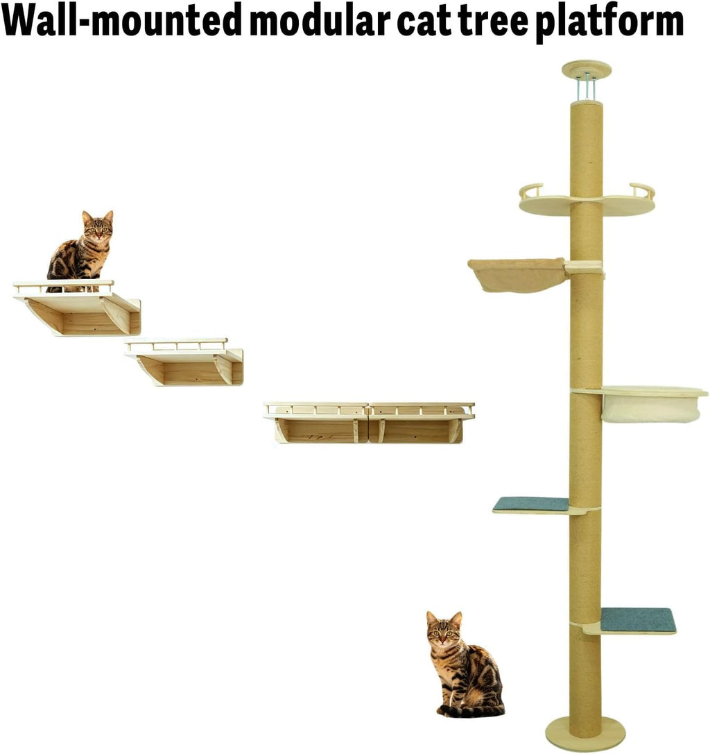 【1-Pack】 15.75" x 12.20" Natural Solid Wood Wall-Mounted Cat Shelf with Guardrail, Aerial Walkway, Wall Furniture, Steps, Stairs & Perch