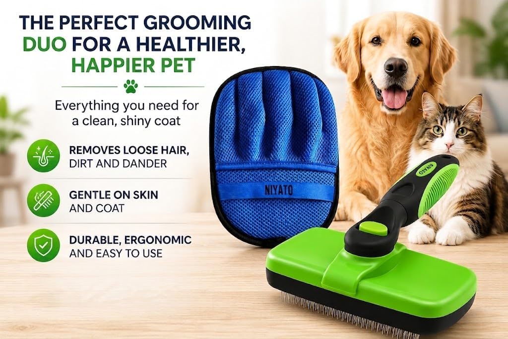2 Piece Set- Pet self Cleaning Slicker Brush for Dogs and Cats, and Upgraded electrostatic, Washable pet Hair Removal Glove for Clothes and Furniture, pet Grooming Supplies for Shedding Problems