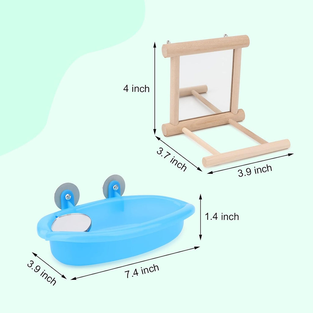 Wontee Bird Bath Parrot Bathing Tub Bird Mirror with Perch Toys for Budgies Parakeets Cockatiels Lovebirds Finches Canaries (Blue (B))