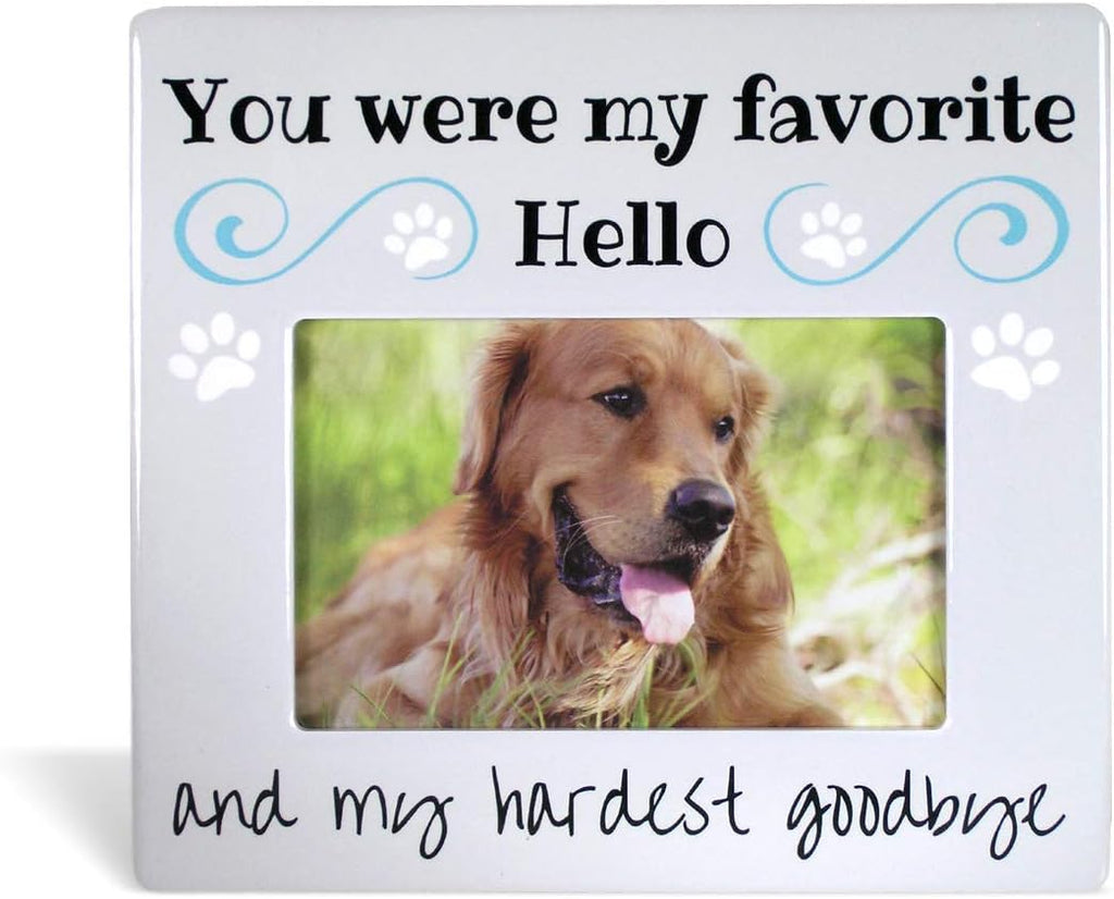 BANBERRY DESIGNS Pet Memorial Picture Frame for Dogs – You Were My Favorite Hello and My Hardest Goodbye Bereavement Gift – Ceramic Sympathy Photo Frame – Holds 4 x 6 Inch Picture – 8 x 7.25 Inches