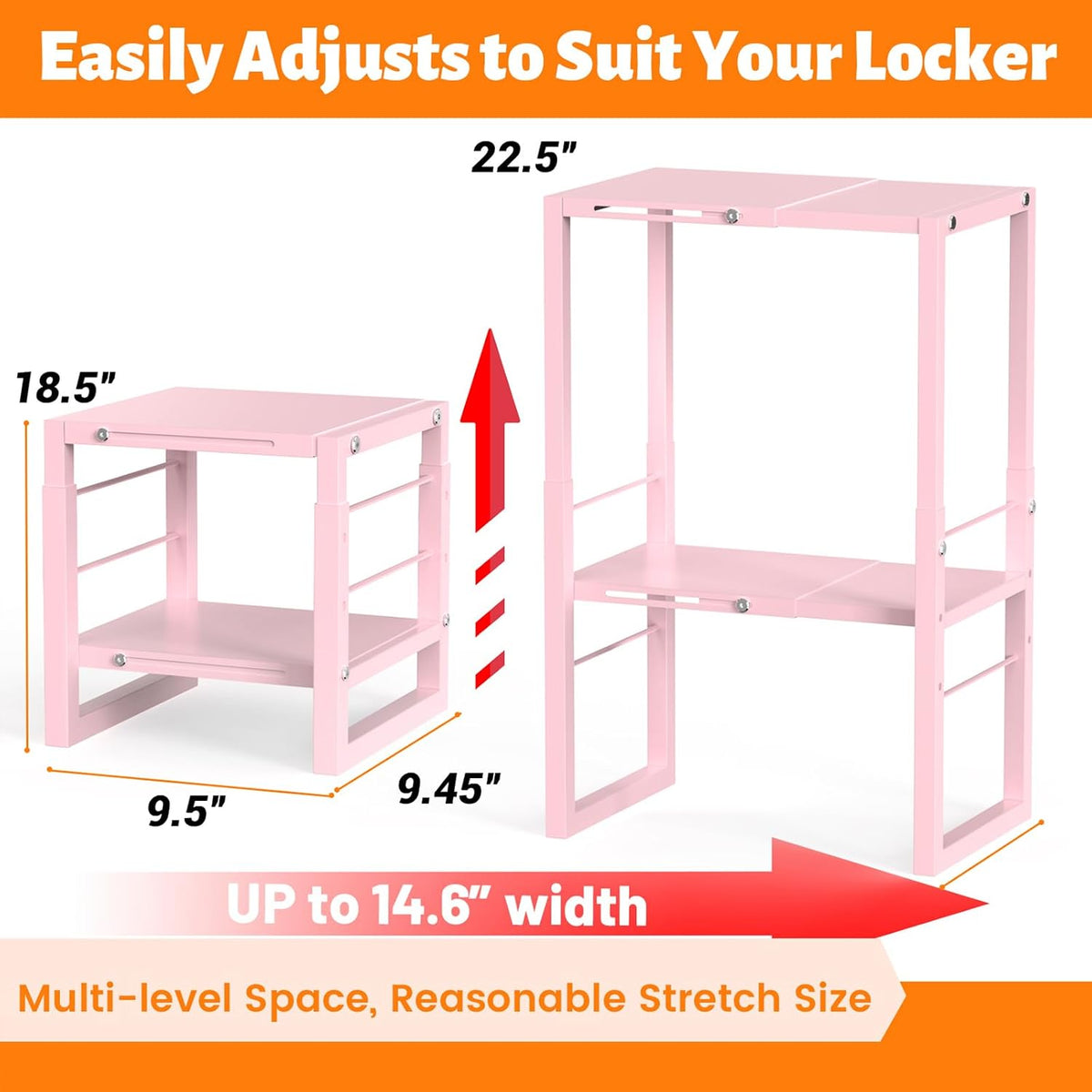 Locker Organizer Shelf Pink, Metal Adjustable Width and Height, Ideal Locker for School, Office, and Gym Lockers, Locker Shelves Organization Accessories