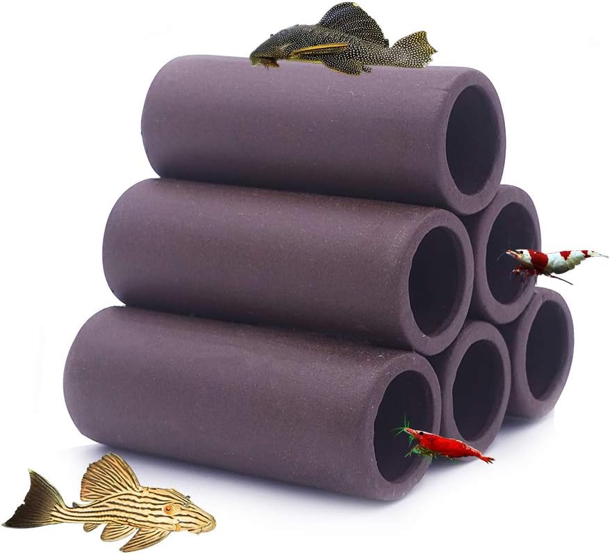 DOHO Aquarium Cave Handmade Brown Ceramic Shelters - Shrimp and Small Fish Habitat, Breeding Tube, Hiding cave - Hideaway Pipes Reduce Stress, Encourage Spawning - Aquarium Decorative Six Holes