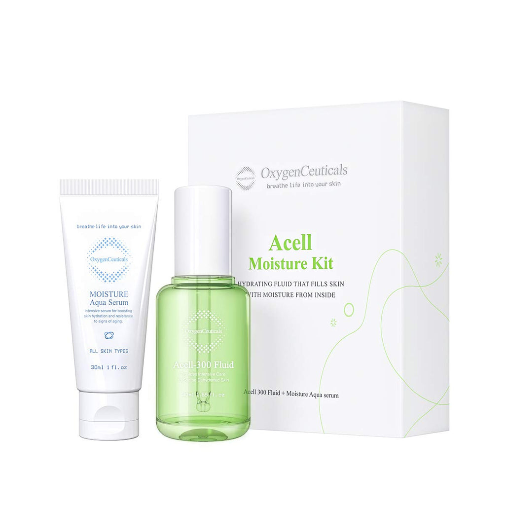 OxygenCeuticals Acell Moisture Kit – Acell-300 Fluid 30ml + Moisture Aqua Serum 30ml, Lightweight Hydrating Ampoule & Serum Duo for Moisture Balance & Sensitive Skin