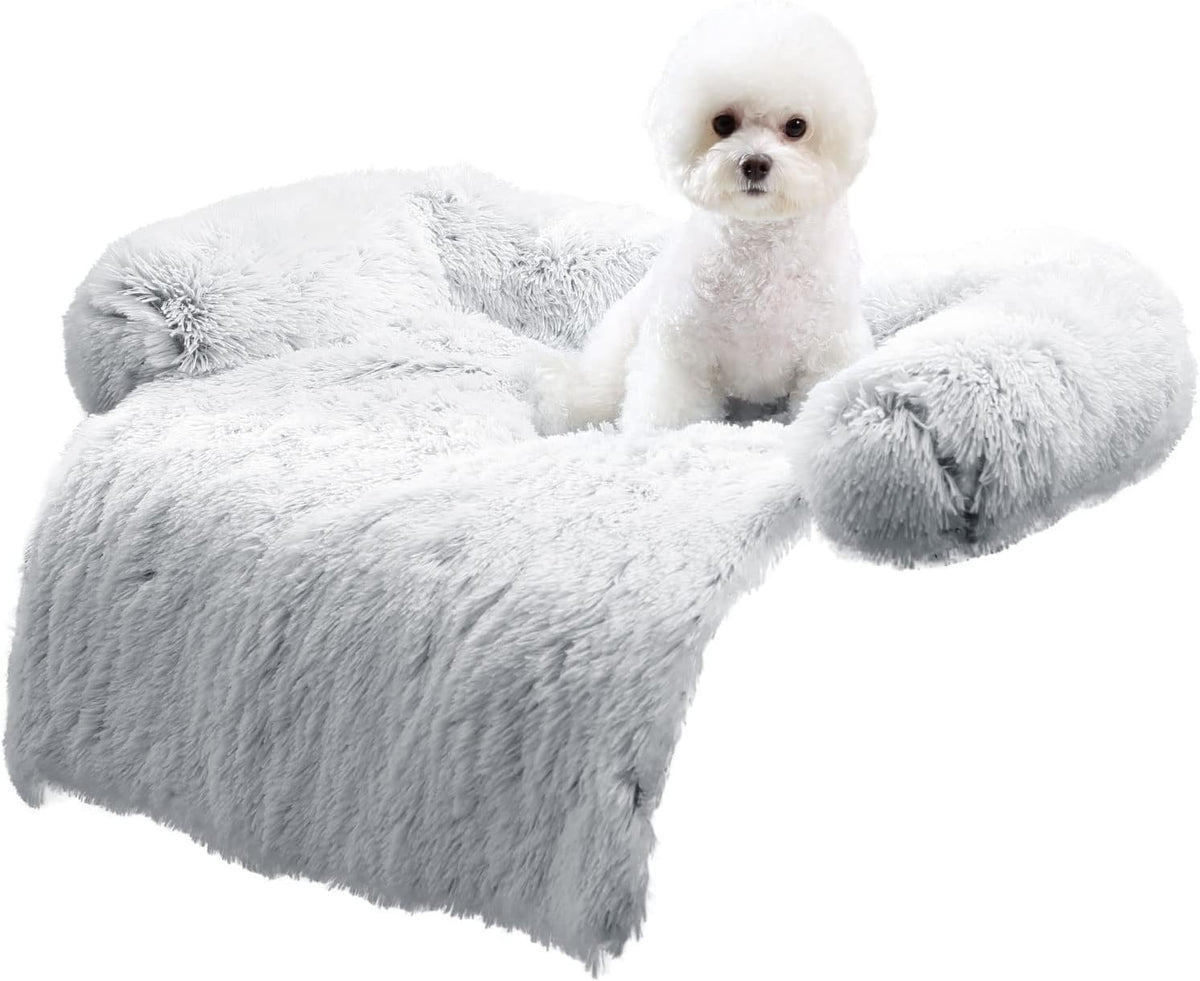 HACHIKITTY Calming Pet Sofa Bed Mat, Washable Fluffy Couch Cover for Dogs and Cats, Anti-Slip Bottom (30"x 27"x 6", Camel)