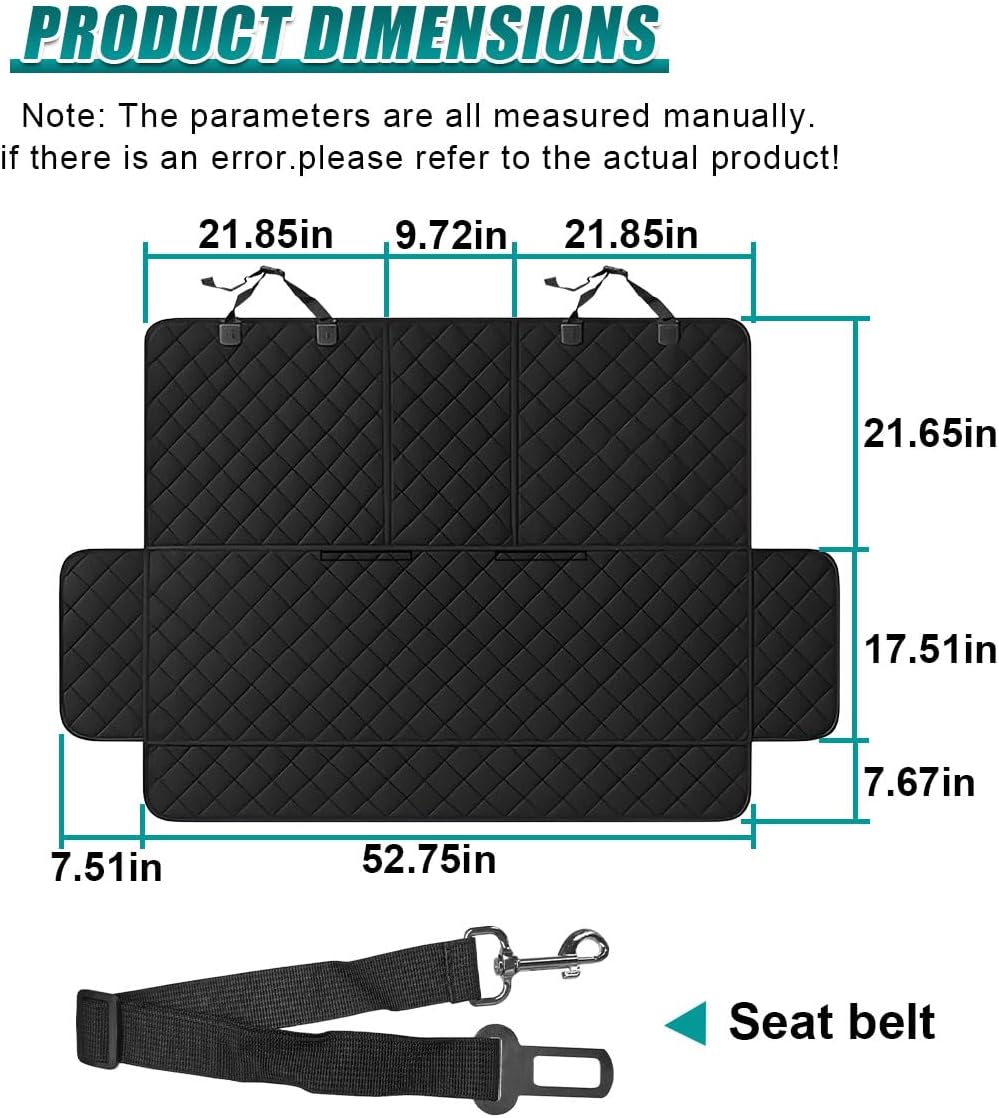 Dog Car Seat Cover with Belt, Scratchproof Washable Car Bench Seat Protector, Universal Non-Slip Vehicle Interior Pet Backseat Cover for Cars SUVs Trucks (Black)