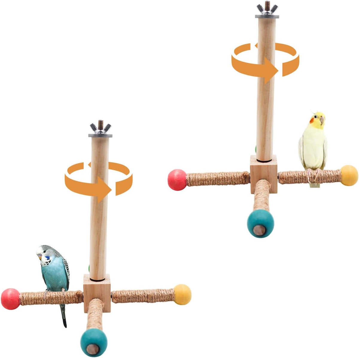 2 Pack Bird Stand Perch Toy, Interactive Wooden Rotating Parrot Perch for Bird Cage, Enrichment Parakeet Toys, Cage Accessories for Budgies, Cockatiels, Lovebirds, Canaries, Finches, Other Small Birds