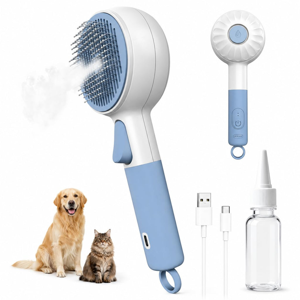 Cat Brush for Shedding, Self-Cleaning Deshedding Tool for Indoor Cats & Small Dogs, 3-in-1 Grooming Brush with Water Spray Mist, Rechargeable Pet Hair Removal Tool for Loose Fur and Tangles