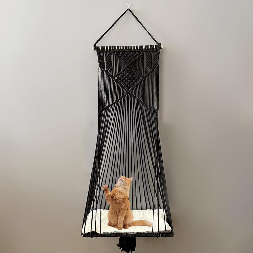 Macrame Cat Hammock Hanging Cat Swing Bed, Black