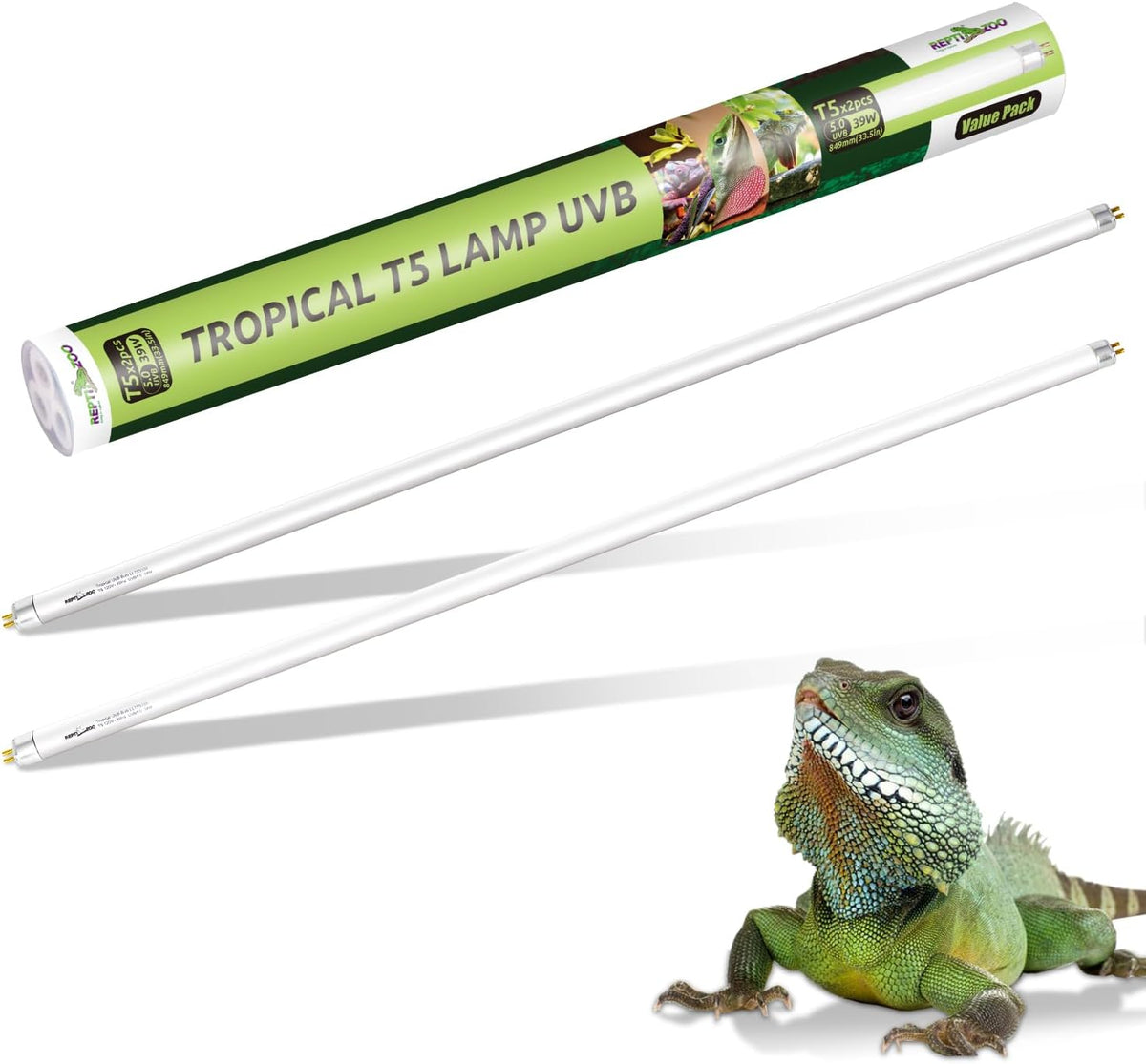 REPTI ZOO 2 Pack 34" T5 5.0 UVB Reptile Light Bulb 39W, UVA UVB Fluorescent Lamp Tube for Turtles, Chameleon, Tortoises, Lizard