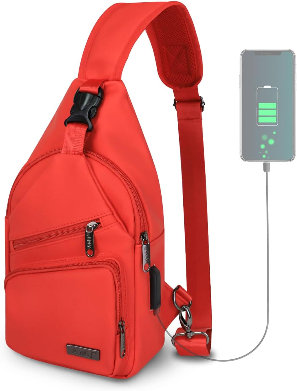 Sling Bag Small Crossbody Backpack Chest Bags Daypack with USB Cable Travel (Red)