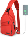 Sling Bag Small Crossbody Backpack Chest Bags Daypack with USB Cable Travel (Red)