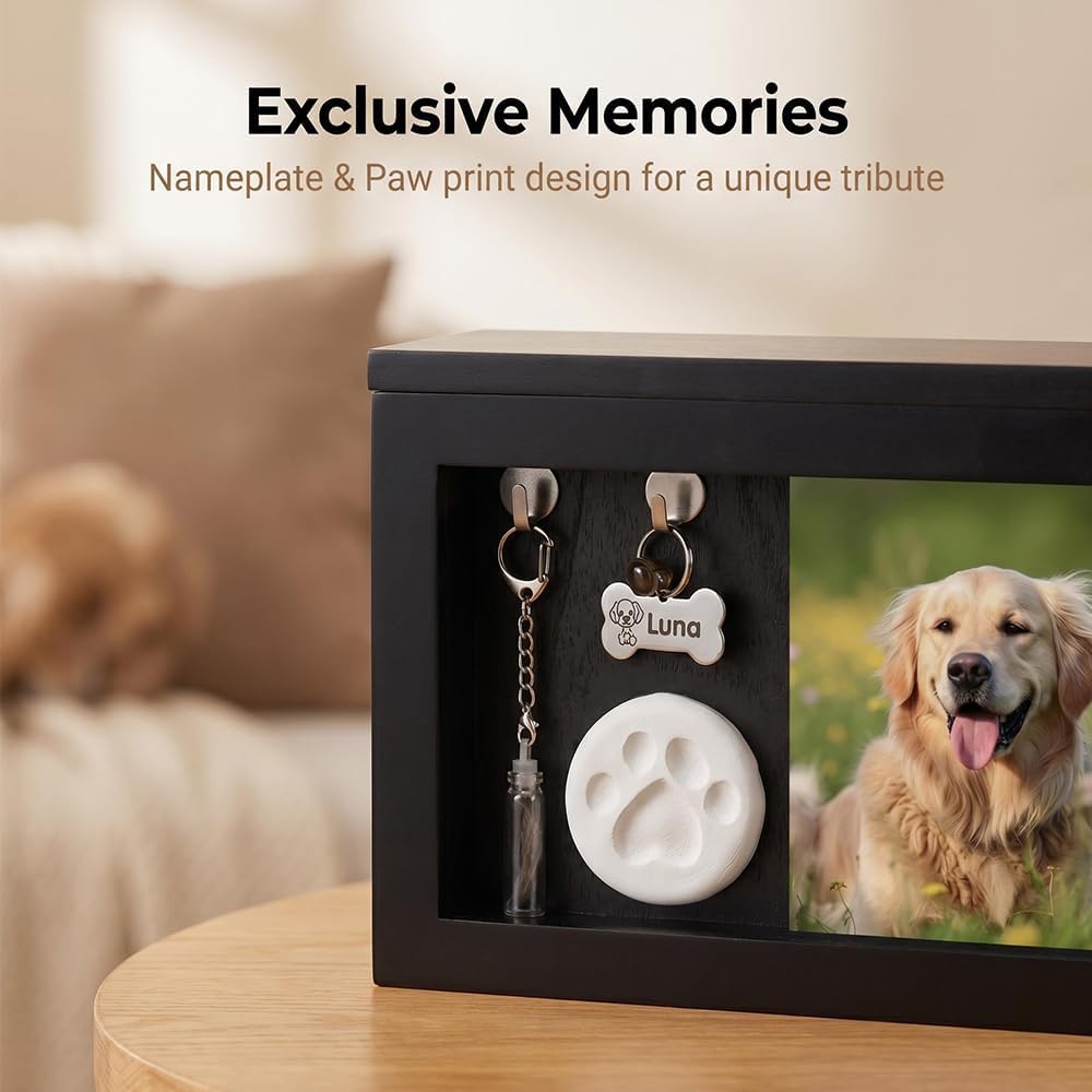 Pet Memorial Shadow Box, Paw Print Clay & Keepsake Bottle with Angel Statue