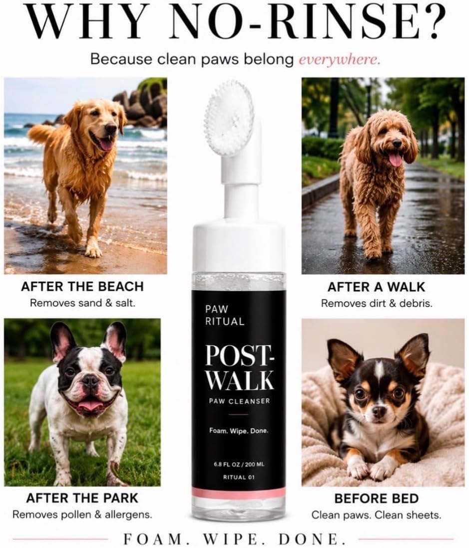 Dog Paw Cleaner, Dog Paw Wash, No-Rinse Foaming Paw Cleanser with Silicone Brush for Dogs & Puppies, Plant-Derived Formula for Sensitive Paws, 6.8 fl oz