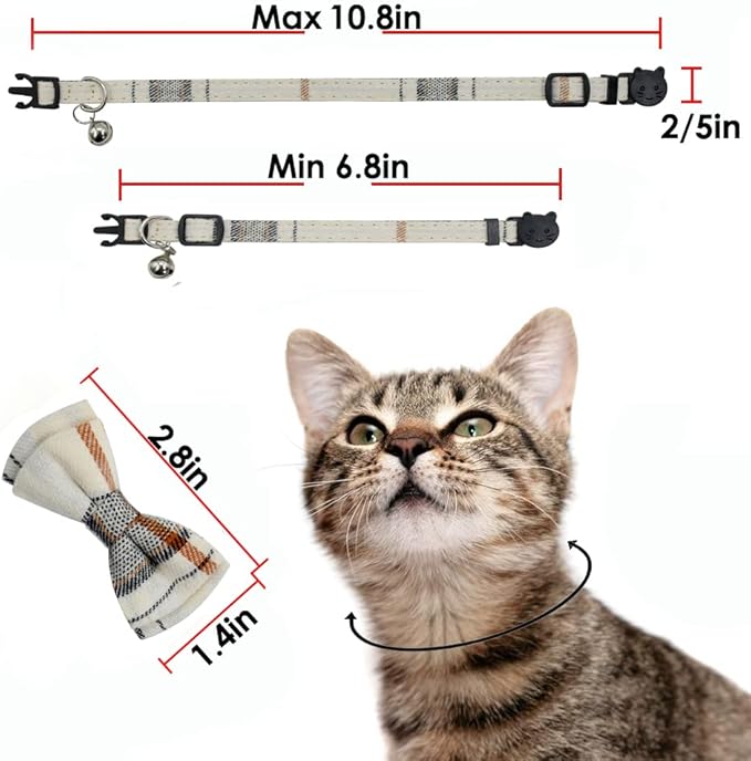 Cat Collar Breakaway with Bell and Bow Tie, Plaid Design Adjustable Safety - Image 7