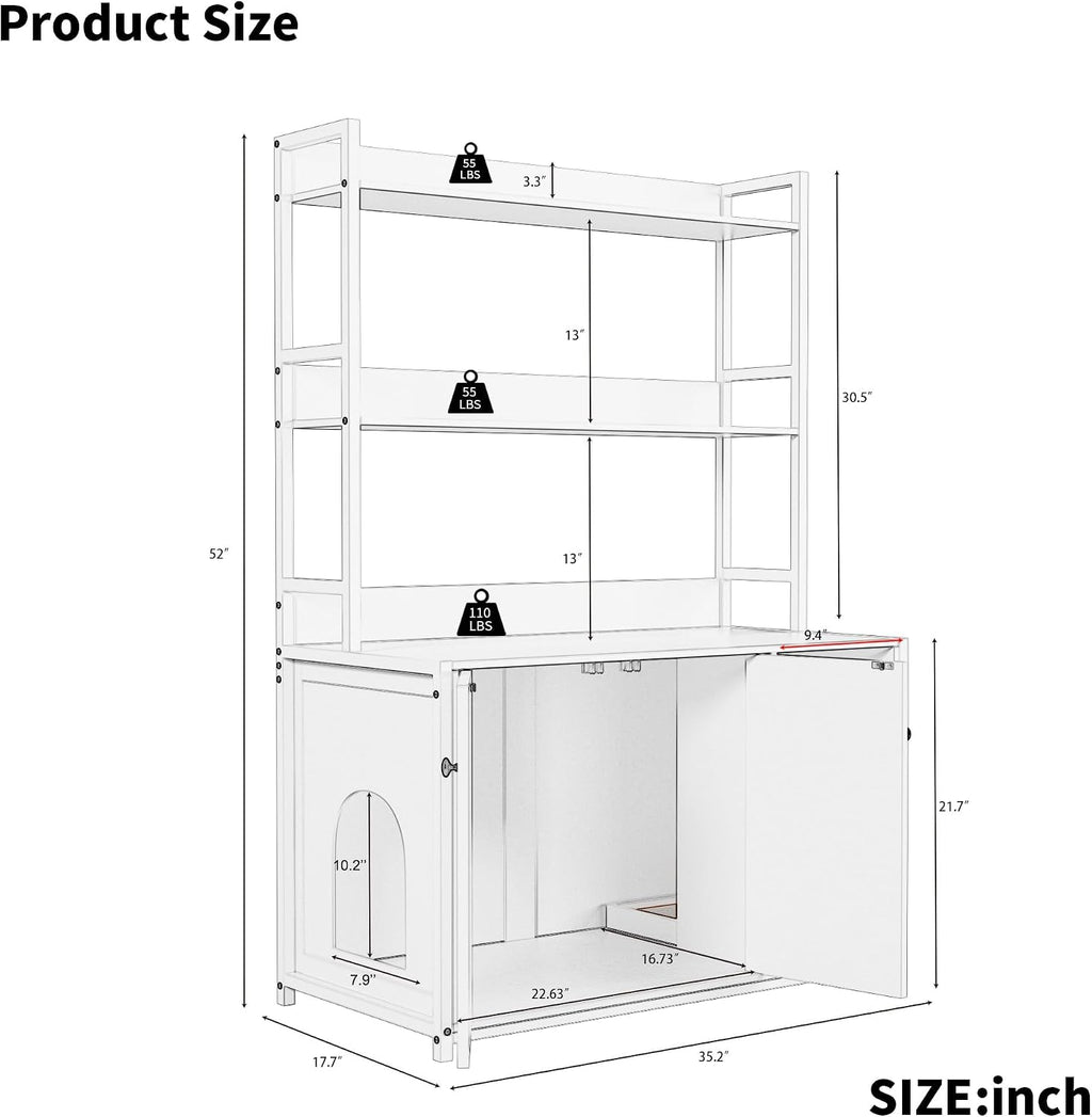 GarveeLife Cat Litter Box Enclosure with Storage Shelves | Hidden Cat Furniture Cabinet 52'' Large Hidden Cats Furniture for Most Litter Box, Wood Enclosed Dog Proof Cat Kitty Cabinet with Scra Brown