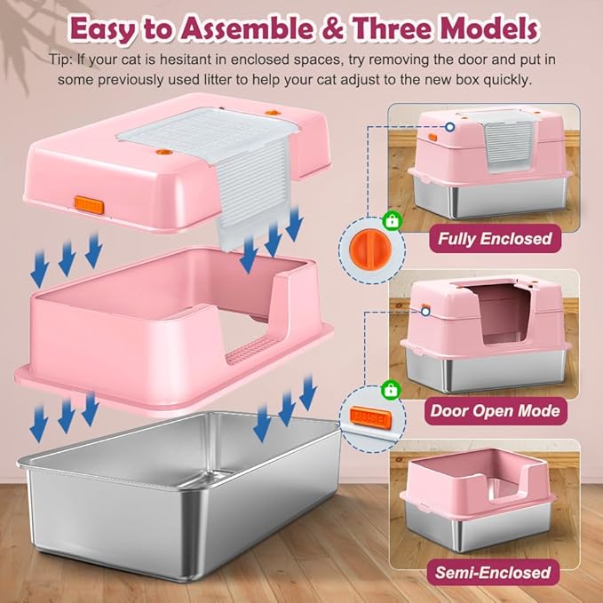Vivifying Pink Stainless Steel Covered Cat Litter Box – Odor-Control, - Image 3