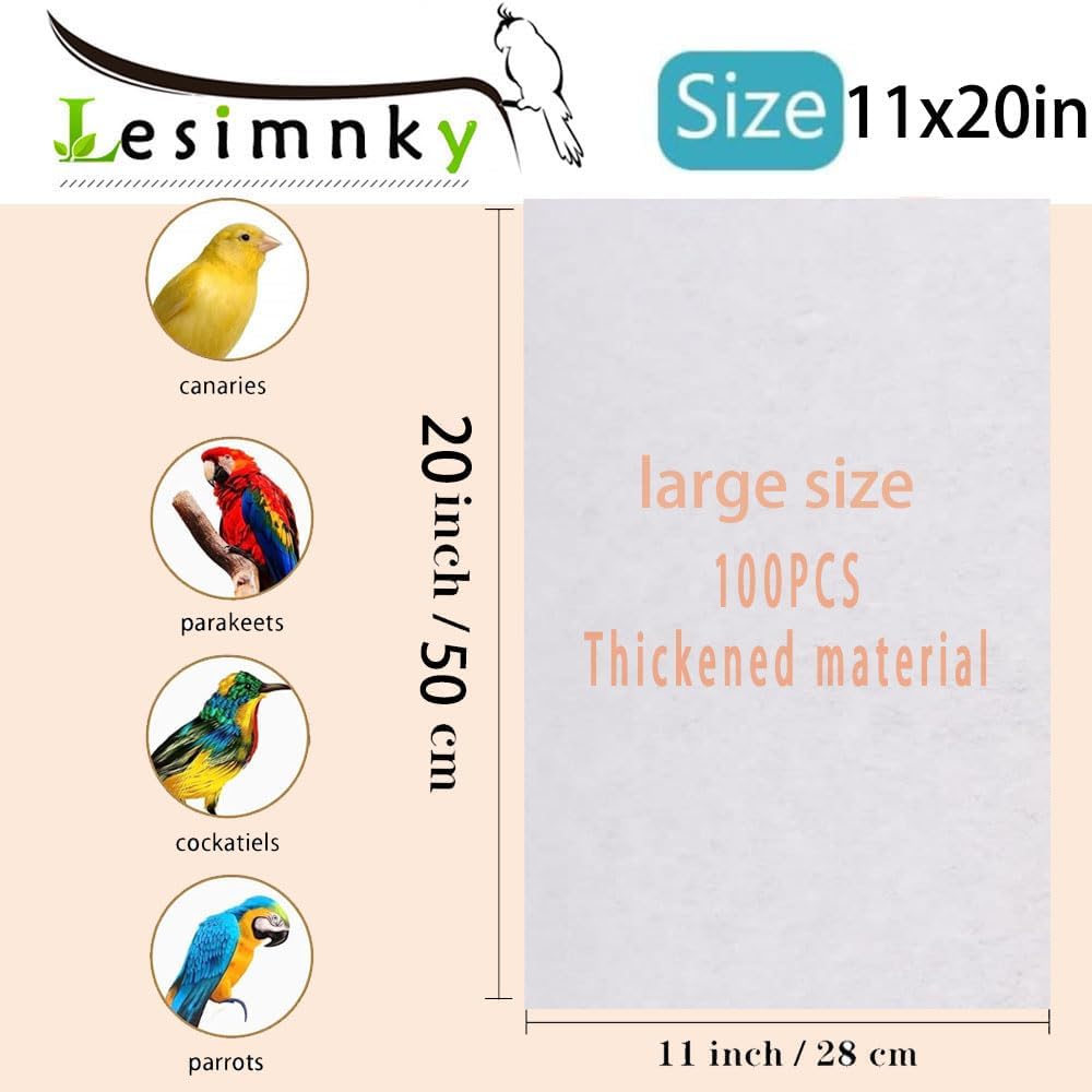 100pcs Bird Cage Liner Papers,11×20in Big Size Disposable Non-Woven Cage Paper Liners Precut Absorbent Cushion Pad Mat Accessories for Pet Bird Parrot