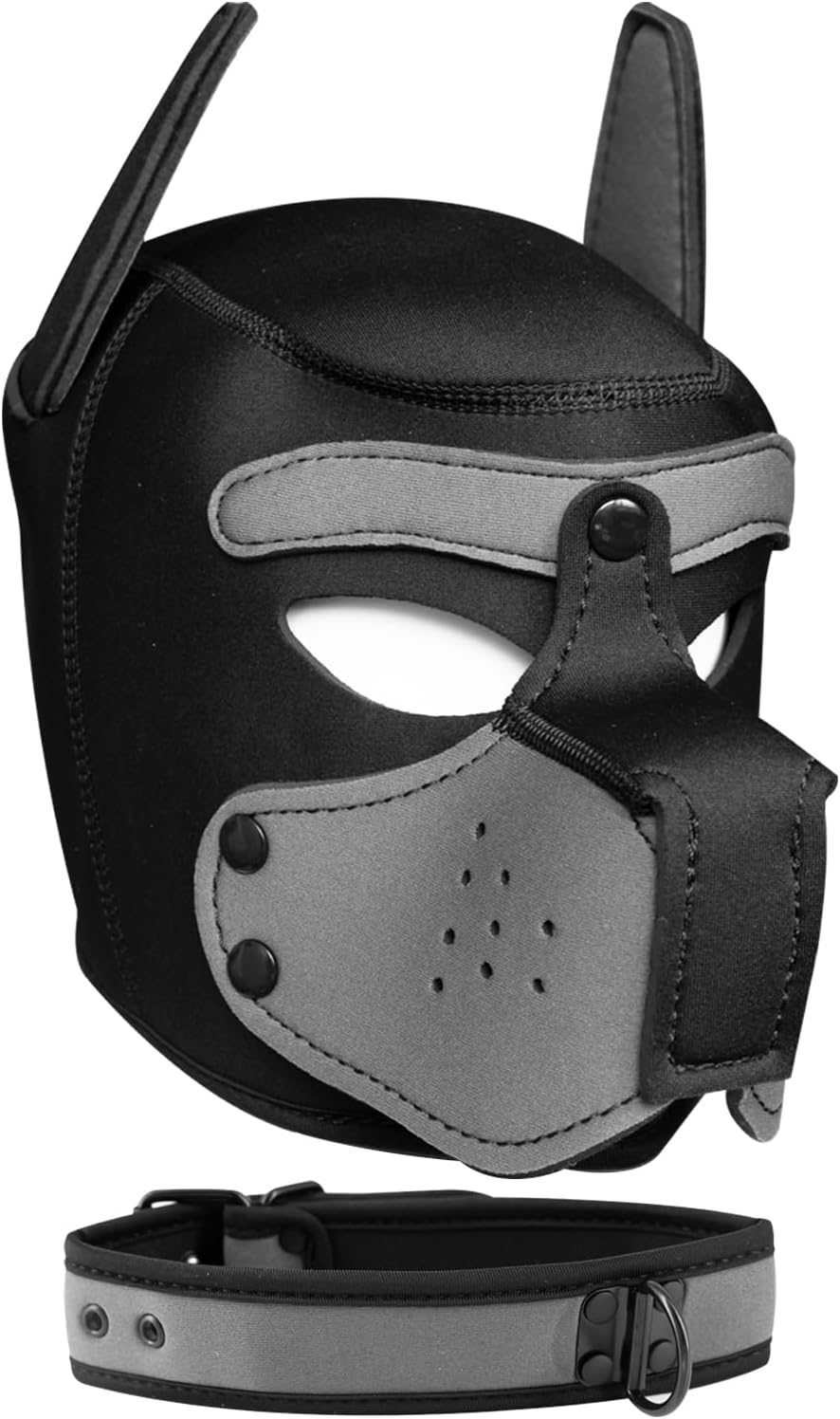 Pup Hood, Neoprene Puppy Mask with Removable Muzzle and Collar, Full Dog Face (9color) (Black-)