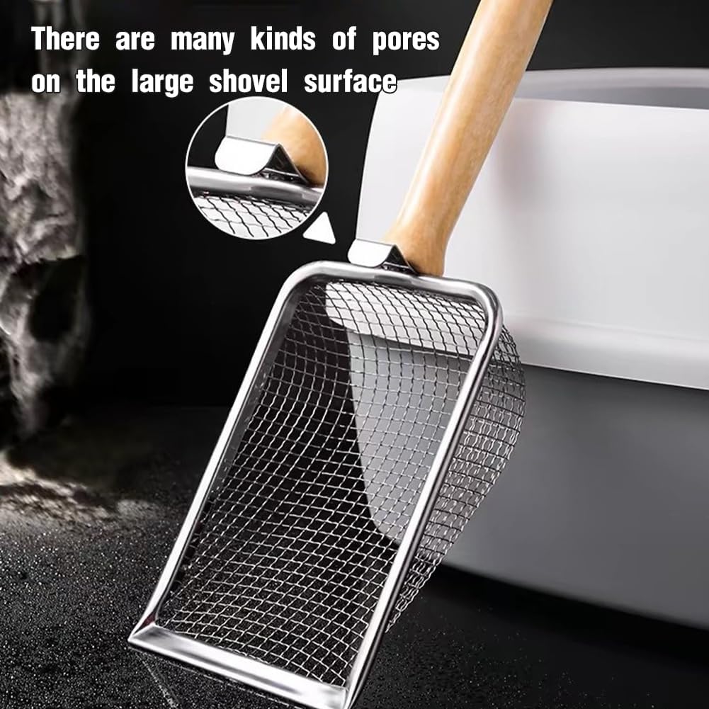 Cat Litter Scoop, Long Handle Scooper Beach Mesh Shovel,Practical Beach Deep Shovel, Stainless Steel Mesh Scooper,Heavy Duty Litter Scooper, Kitten Poop Sifting Cleaning Scoop(COLOR:Wood Handle)