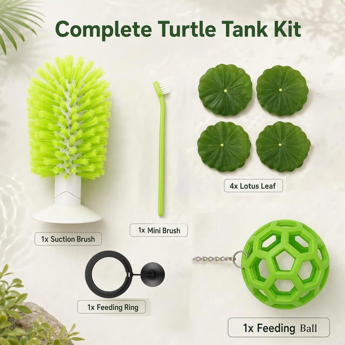 8 PCS Turtle Tank Accessories Set Turtle Brush with Suction Cup, Handle Scrub Brush, Feeder Ball,Floating Lotus Leaves,Feeding Ring