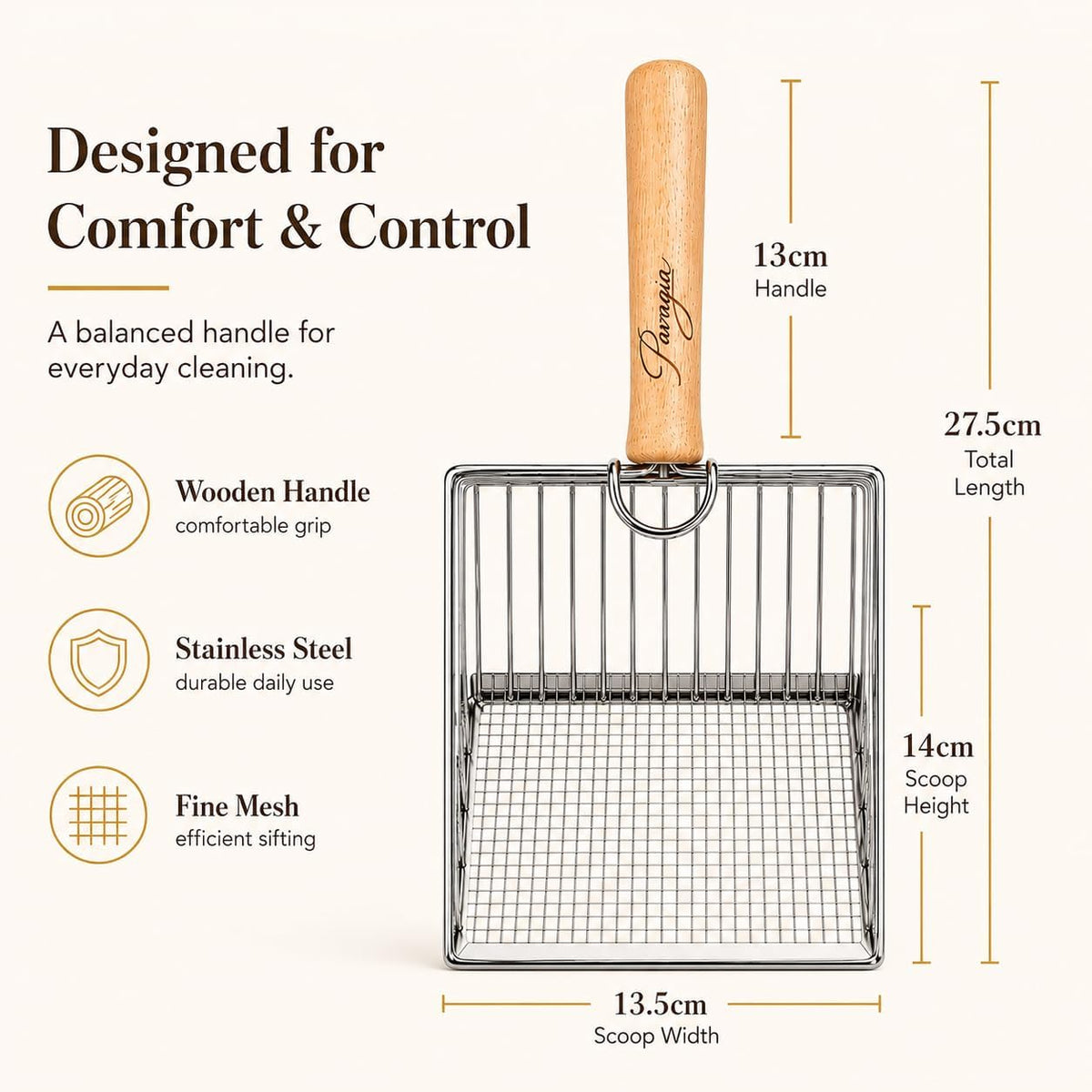 Premium Stainless Steel Cat Litter Scoop with Wooden Handle, Heavy Duty Metal Kitty Litter Scooper with Deep Sifting Basket & Built-in Hook, Durable Modern Litter Scoop for Cat Litter Box