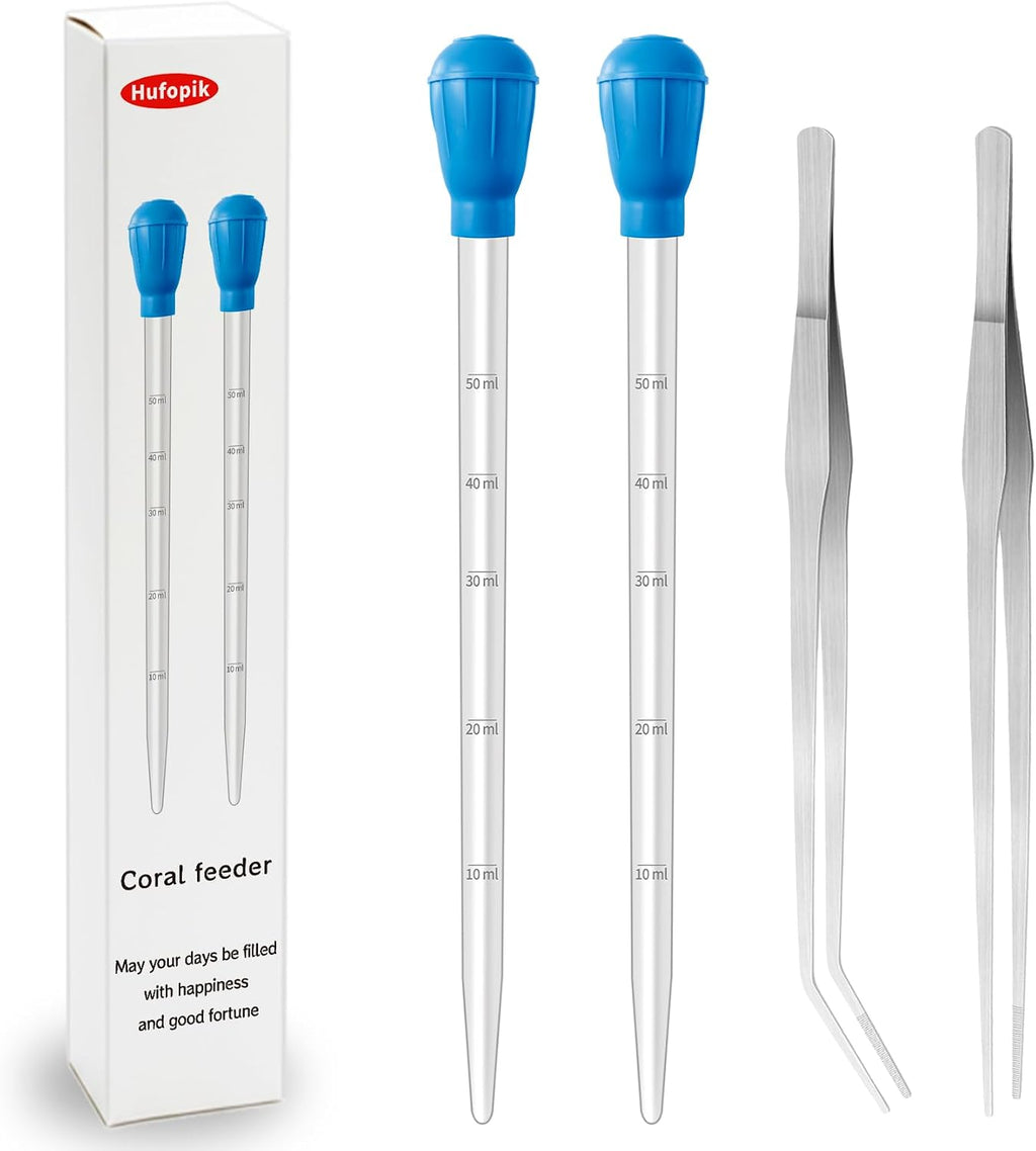 2 Pcs Aquarium Coral Feeder with 2 Pcs Stainless Steel Feeding Long Tweezers Syringe Spot Coral Feeder Reptile Feeding Tools for Aquatic Plant Reef Anemones Lionfish (Blue, Silvery)