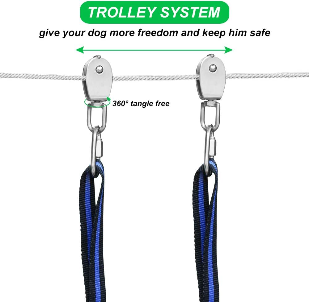 XiaZ Dog Tie Out Cable, 100ft Dog Trolley Runner Cable for Dogs up to 250lbs, Pet Lead for Yard, Camping, Outdoor, with 8 Ft Nylon Bungee Runner, Cable Sling to Protect Trees