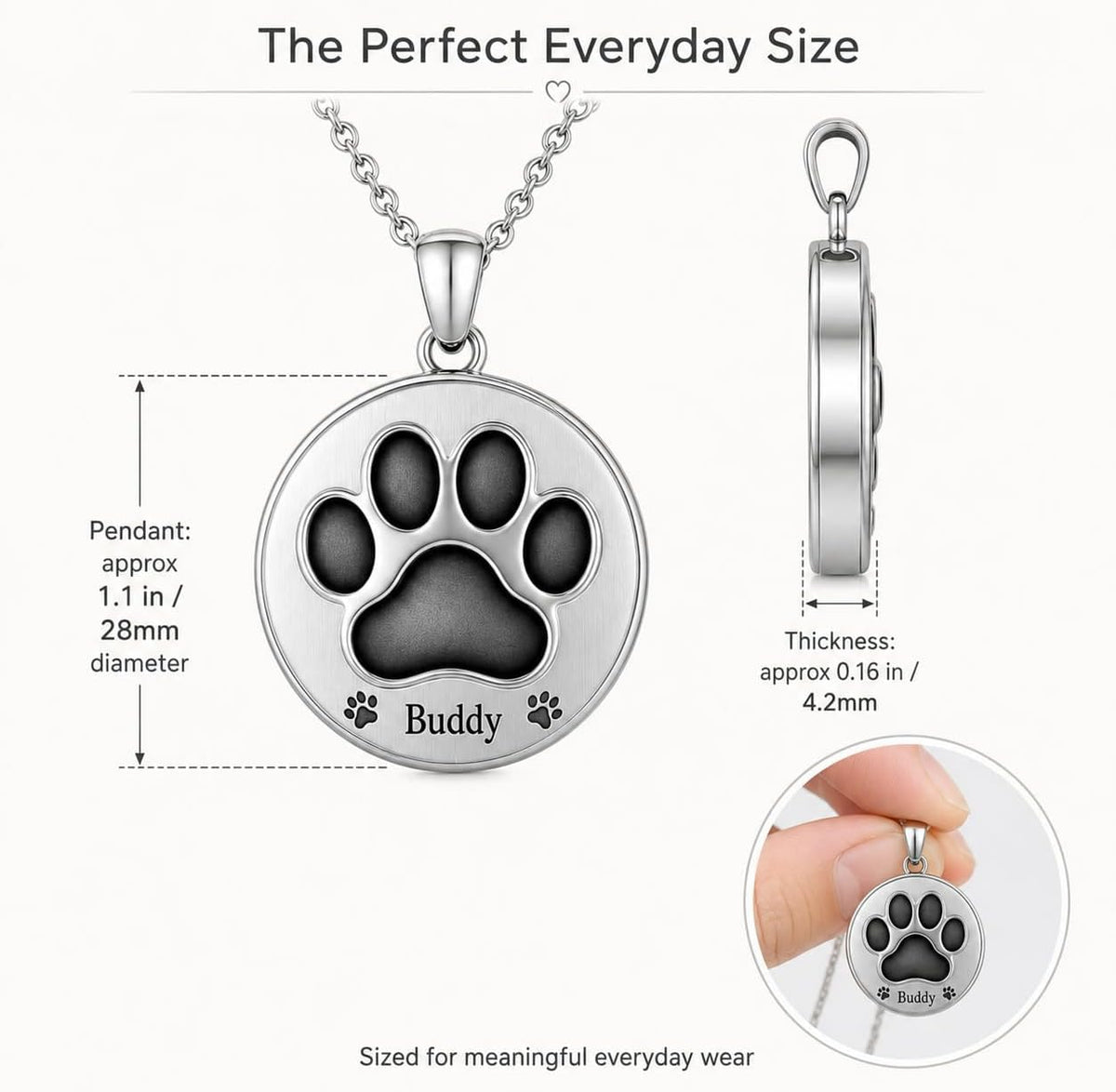 Buddy Pet Memorial Necklace for Ashes, Pre-Engraved Paw Print Cremation Urn Pendant for Dog, 316L Stainless Steel Twist-Open Keepsake, Sympathy Gift — Name Reads Buddy, Not Customizable