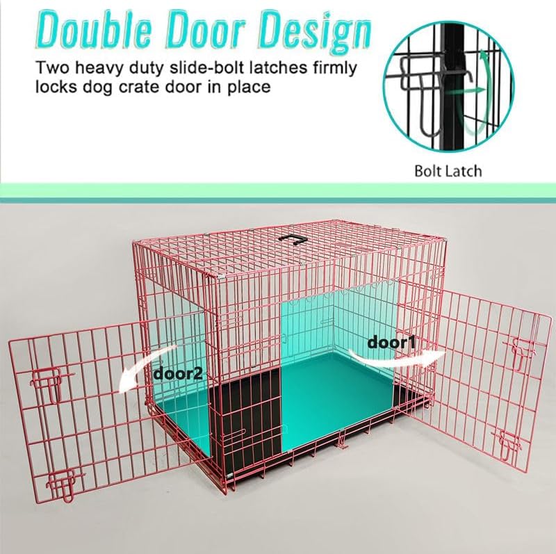 24-Inch Folding Metal Dog Crate for Small Breeds – Double Door, Removable Tray, and Carry Handle – Ideal for Indoor - Pink