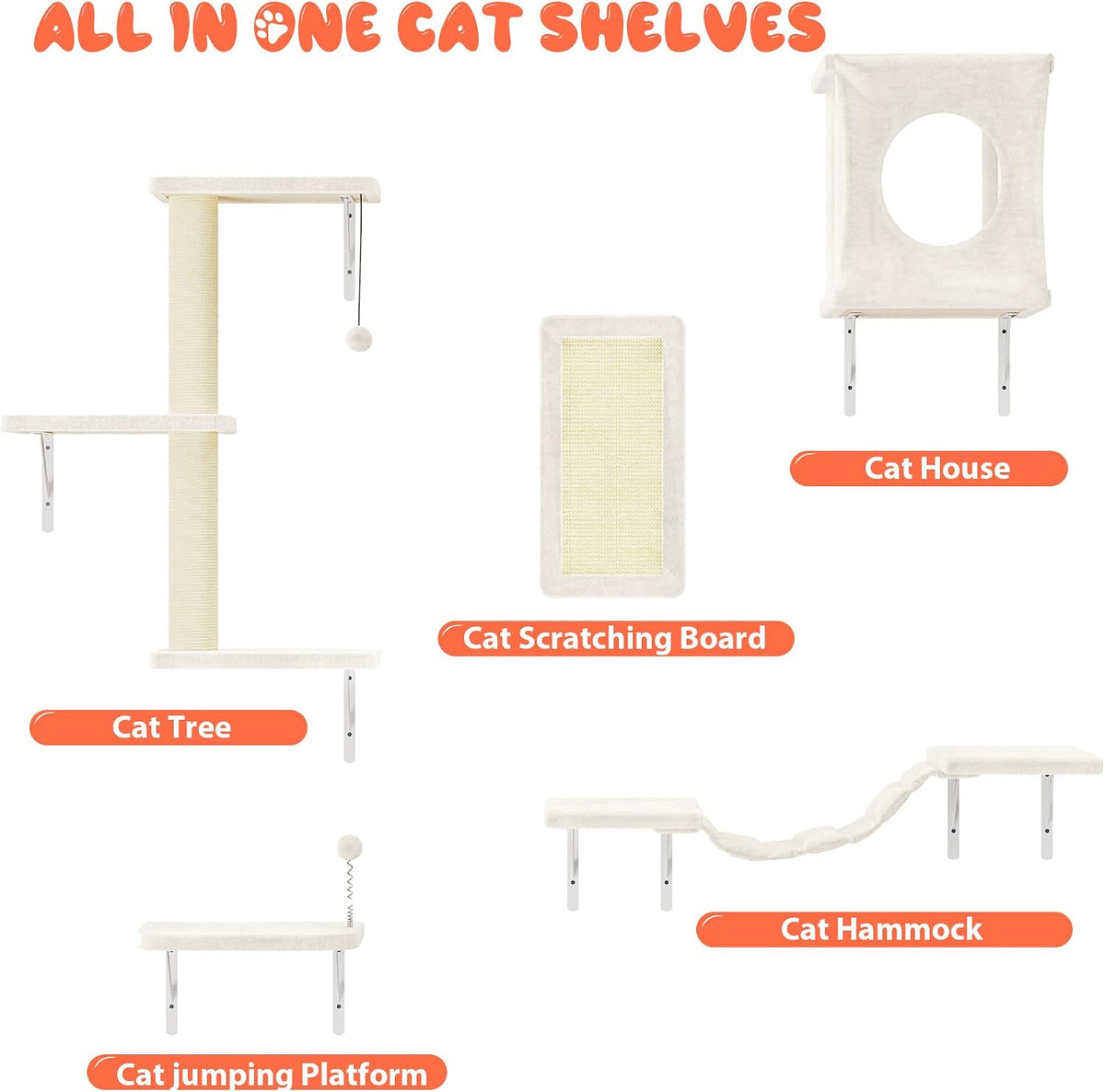 Cat Wall Shelves Set, 5 Pcs Wall-Mounted Cat Shelves, Beige