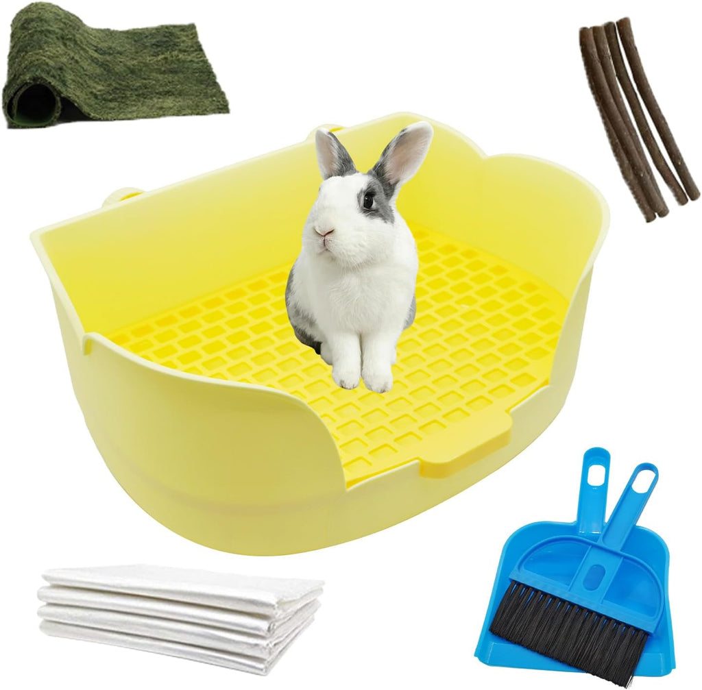 15.1"X11.0" Rabbit Litter Box,Plastic Square Rabbits Potty Trainer with Bigger Pan Bunny Corner Toilet Box with Small Animal Disposable Liner for Guinea Pigs Hamster Chinchilla(Yellow)