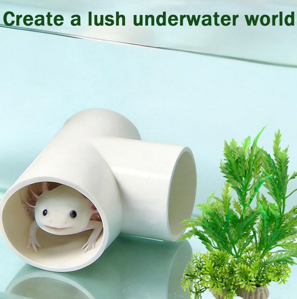 3 PCS Axolotl Hide Tube with 3 Holes, 2 Artificial Plants for Aquarium, Safe Cave and Aquatic Green Plant Set, Aquarium Decor Set for Axolotl, Fish, Turtles Tank Decorations Accessories