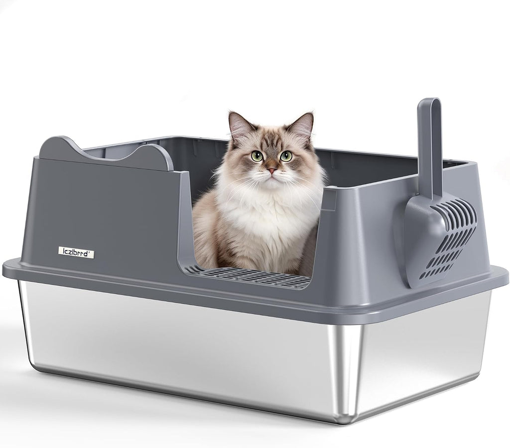 XL Stainless Steel Cat Litter Box for All Cats with High Sides and Scoop