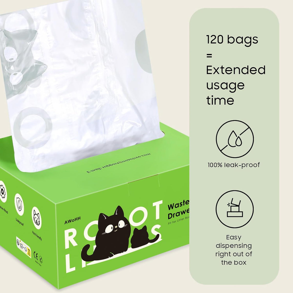 120 Pack Automatic Litter Box Bags Fit for Litter Box Robot 5/4/3, Heavy Duty Drawstring Waste Bags, Sensor-Compatible, Tear Resistant, Pop-Up Dispenser, White, 25.2" x 15.7"