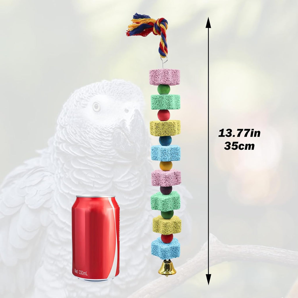 2 Pack Mineral Block Chew Toys with Colorful Beads and a Bell, Bird Beak Grinding Stone, Cage Accessories for African Grey, Budgies, Cockatiels, Small to Medium Birds