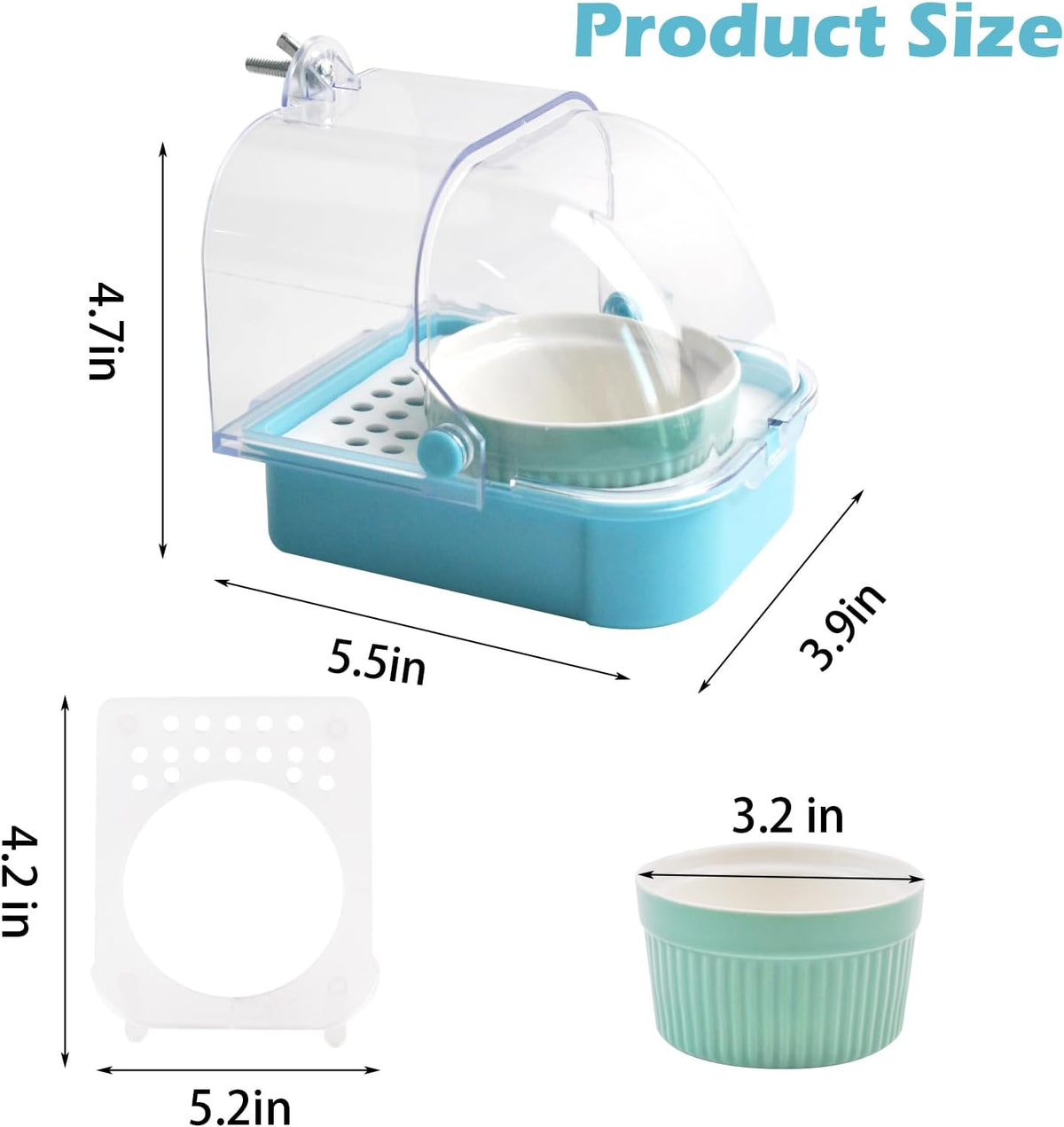 2 in 1 No Mess Bird Feeder,Bird Cage Feeder with Ceramic Bowl and Parrot Bathtub with Bottom Drawer Hanging Tube Shower Box for Birds Budgies Parakeet Small Parrot Cockatiels(Blue)