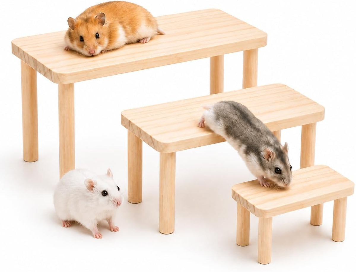 3-Piece Wooden Hamster Platforms – Large, Medium & Small Play Stands for Dwarf, Gerbils, Mice, Degus, Squirrels & Other Small Pets – Cage Accessories for Climbing, Chewing, Hiding & Exploring