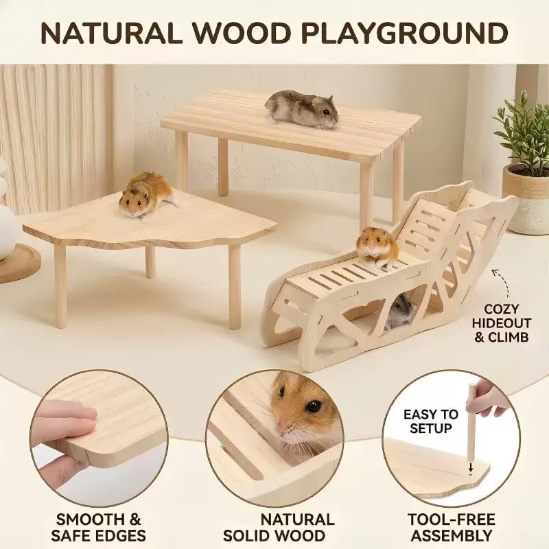 4PCS Wooden Hamster Platform Set, Tunnel Ladder Playhouse Hamster Game Climbing Toy with Ladder Platform Table Climbing Ramp, Cage Decor for Syrian Dwarf Hamsters, Gerbils, Mice