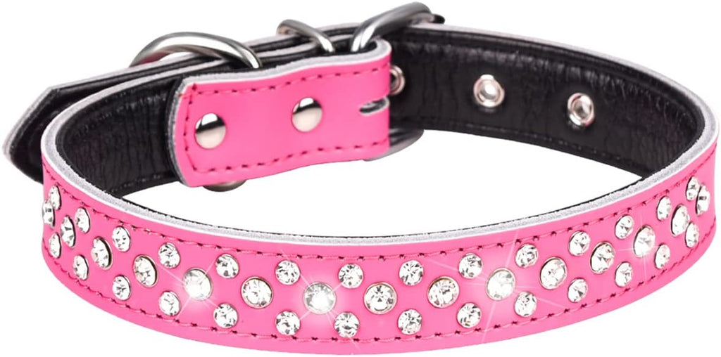 Rhinestones Dog Collar, Adjustable Sparkly Crystal Studded Genuine Leather Pet Dog Collar for Small and Medium Dogs (M, Red)