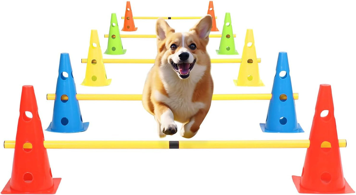Dog Jump Agility Training Set Puppy Agility Training Hurdle 10 Cones & 5 Poles Combo for Backyard Adjustable Obstacle Training Course Equipment Outdoor Indoor