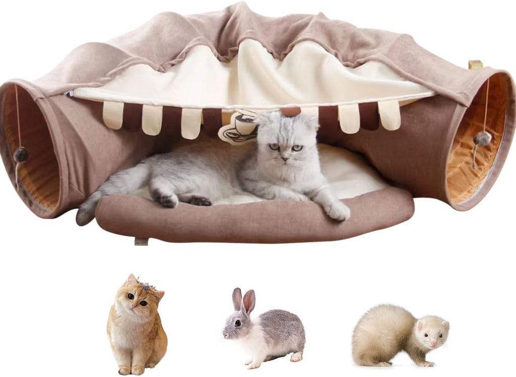 EAEDMY Cat Rabbit Tunnel Bed Nest for Cats Indoor, with Collapsible Washable Soft Cushion, Plush Ball and Exercise Wheel Tube, Fit for Puppy Bunny Kitty Kitten Ferret