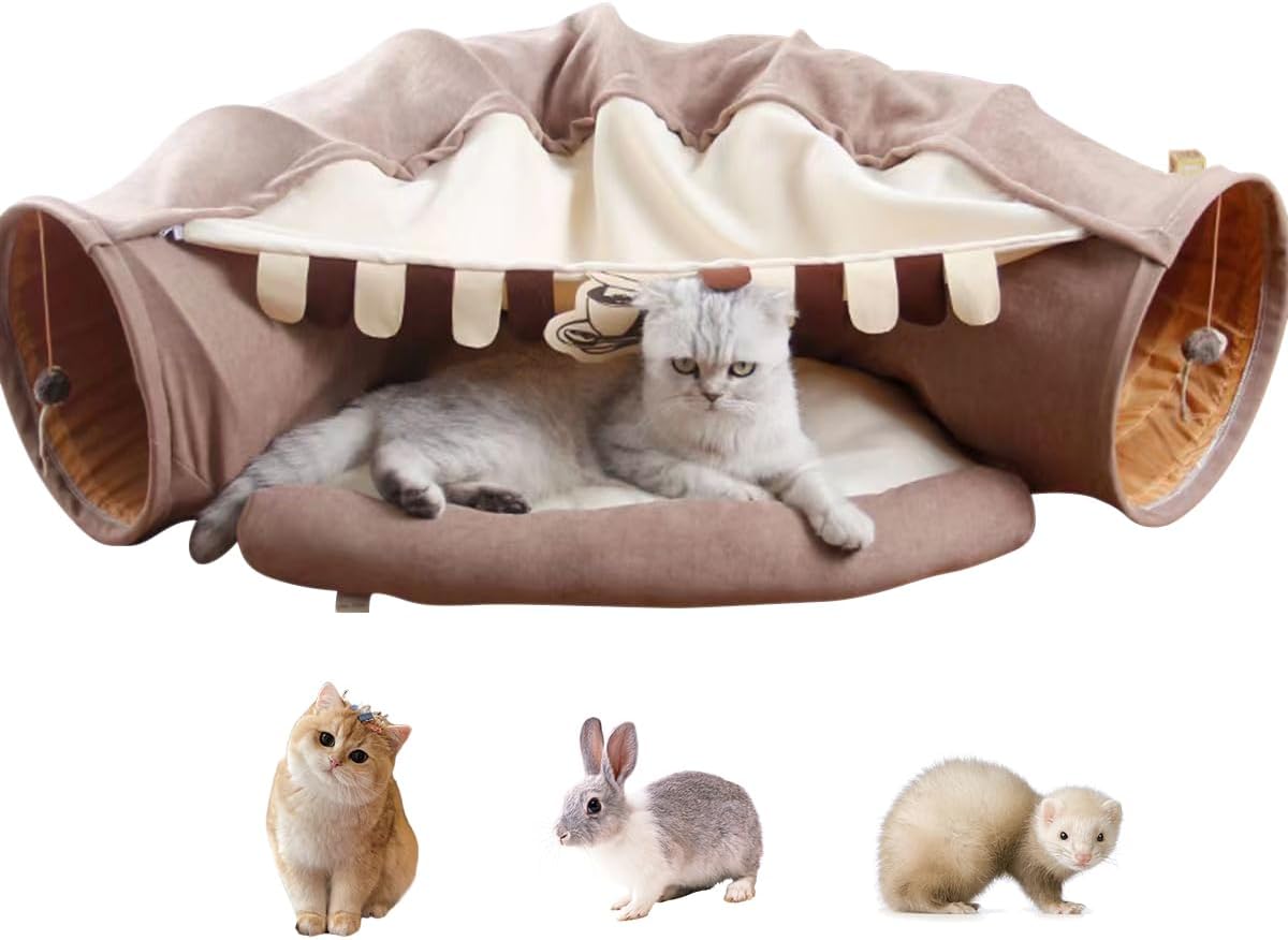EAEDMY Cat Rabbit Tunnel Bed Nest for Cats Indoor, with Collapsible Washable Soft Cushion, Plush Ball and Exercise Wheel Tube, Fit for Puppy Bunny Kitty Kitten Ferret